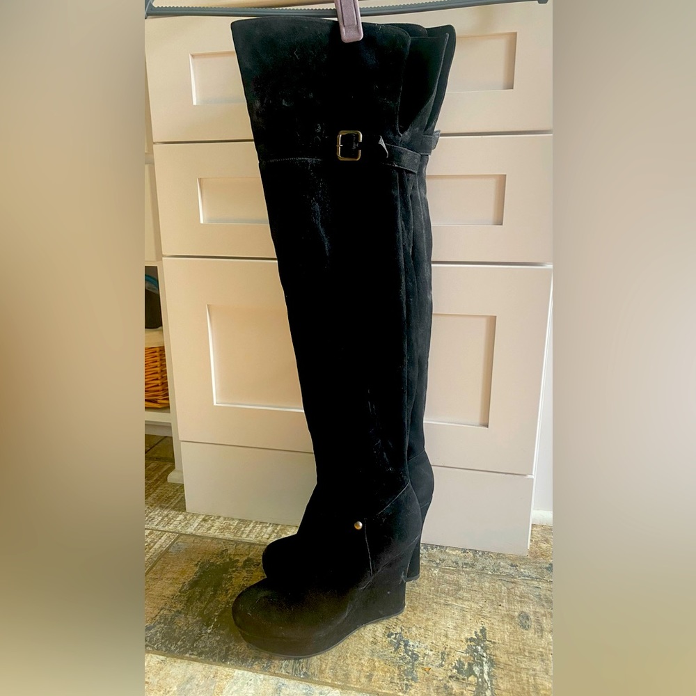 Sexy! And so comfy! Over-the-knee boots. Wedges are 4in. 1in platform on toe.